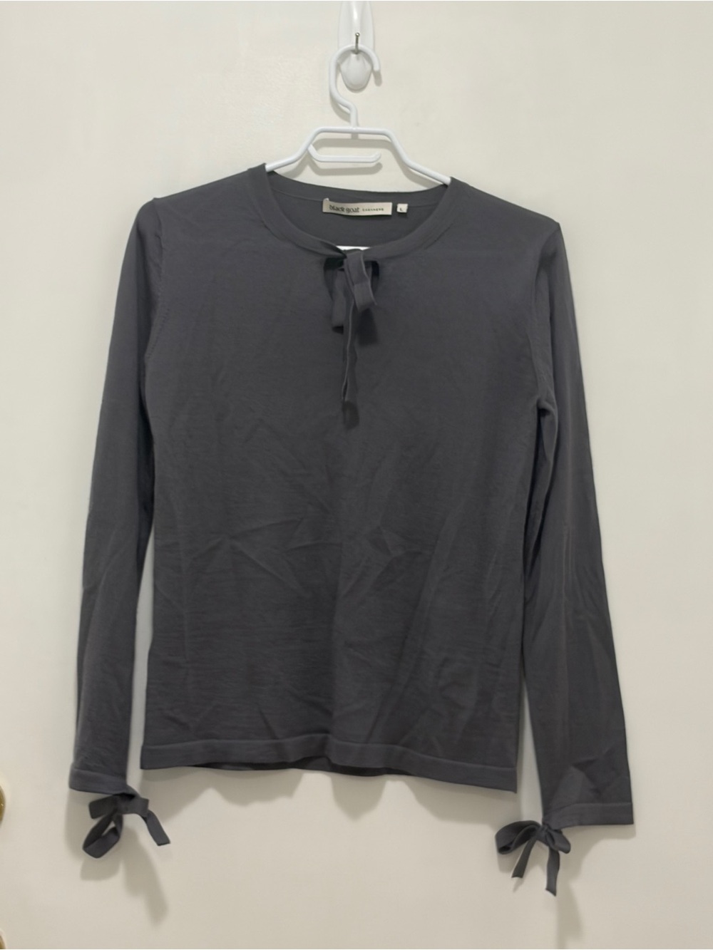 Black Goat Cashmere Silk Long Sleeve Charcoal Tie-Neck Sweater